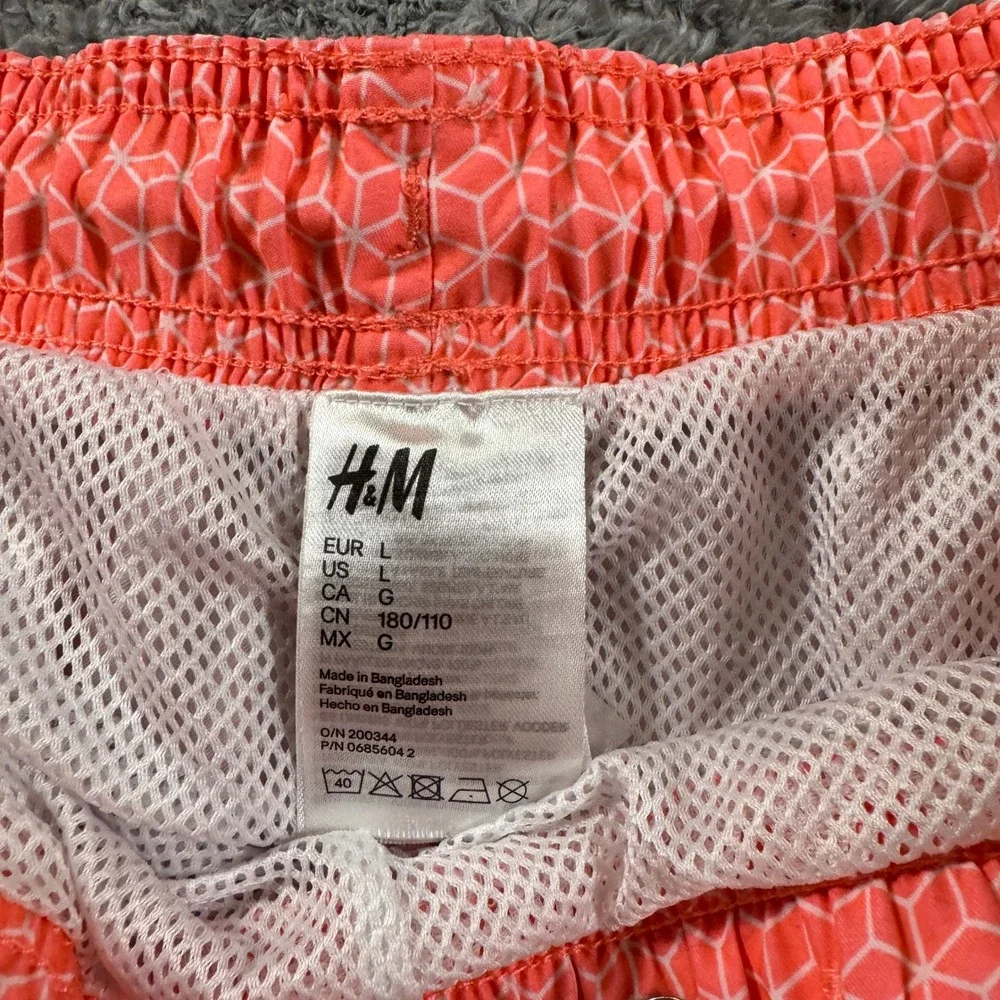 HM Mens Swim Trunks Large Coral Pink Geometric Honeycomb Mesh Lined Drawstring